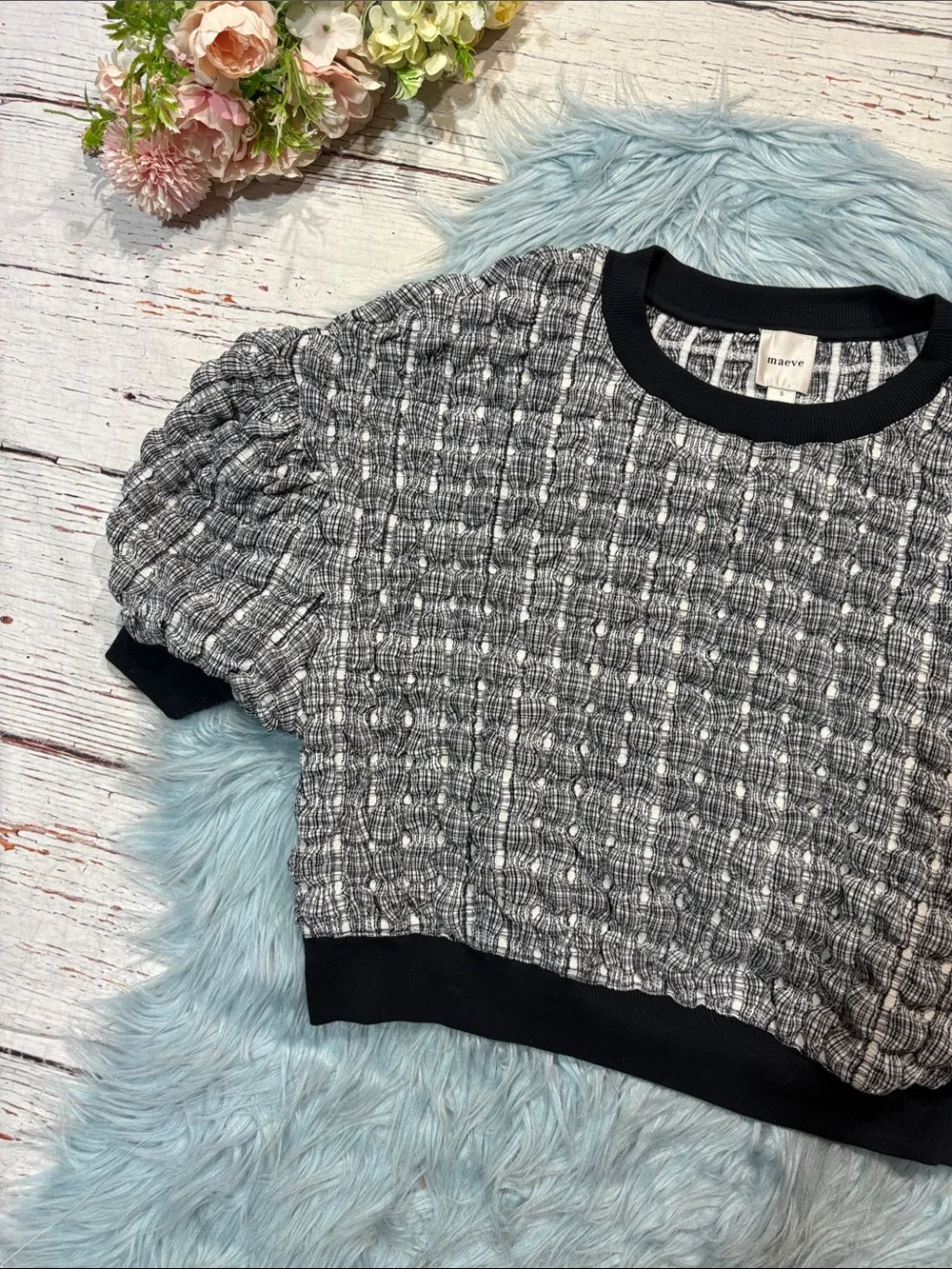 Anthropologie Maeve Puff-Sleeve Bubble Windowpane Top